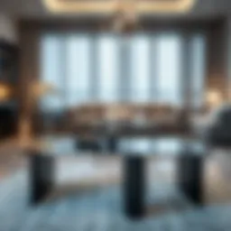Elegant black glass sofa table in a modern living room setting