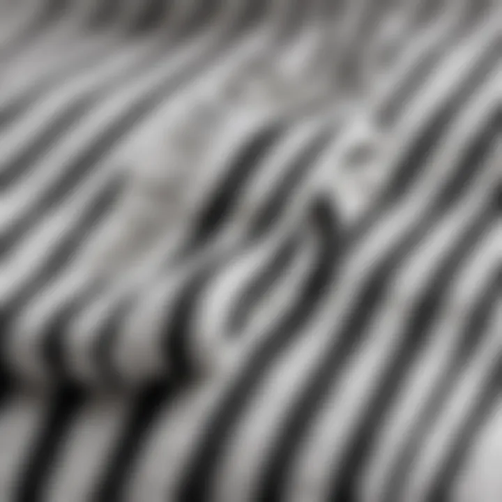 Close-up of fabric texture showcasing black stripes on a white towel