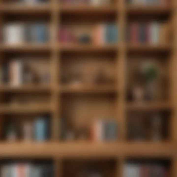 Close-up of oak color bookshelf with decorative styling