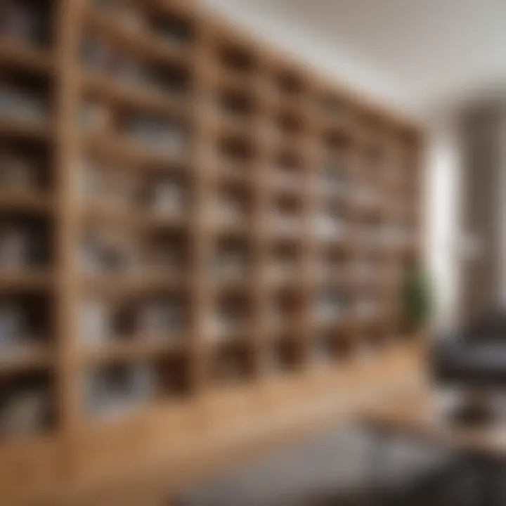 Stylish interior featuring oak color bookshelves as a focal point