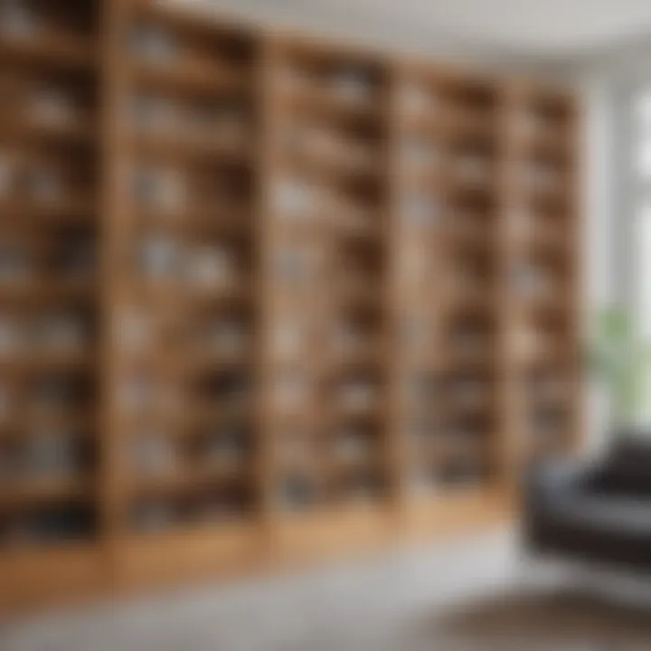 Variety of oak color bookshelf designs displayed in a showroom