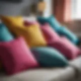 Vibrant assortment of big colorful pillows on a stylish couch