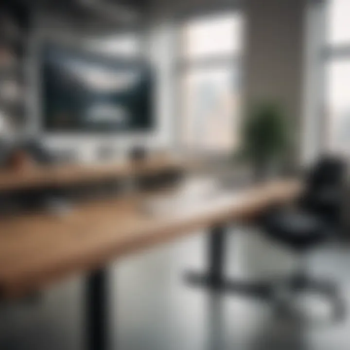 Workspace featuring a standing desk with technology integration