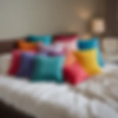 Colorful 26-inch square pillows arranged creatively on a bed