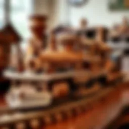 A beautifully crafted wooden train set with intricate details