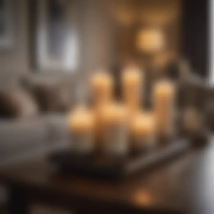 An aesthetically arranged living room featuring battery-operated candles as decor