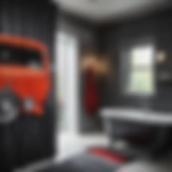 A stylish bathroom showcasing thematic decor with a hot rod shower curtain